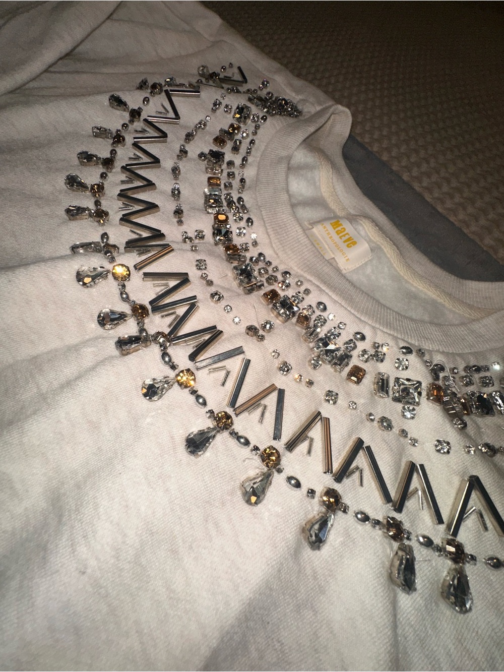 Maeve White Sweatshirt Necklace Embellishment with Gold & Silver Accents